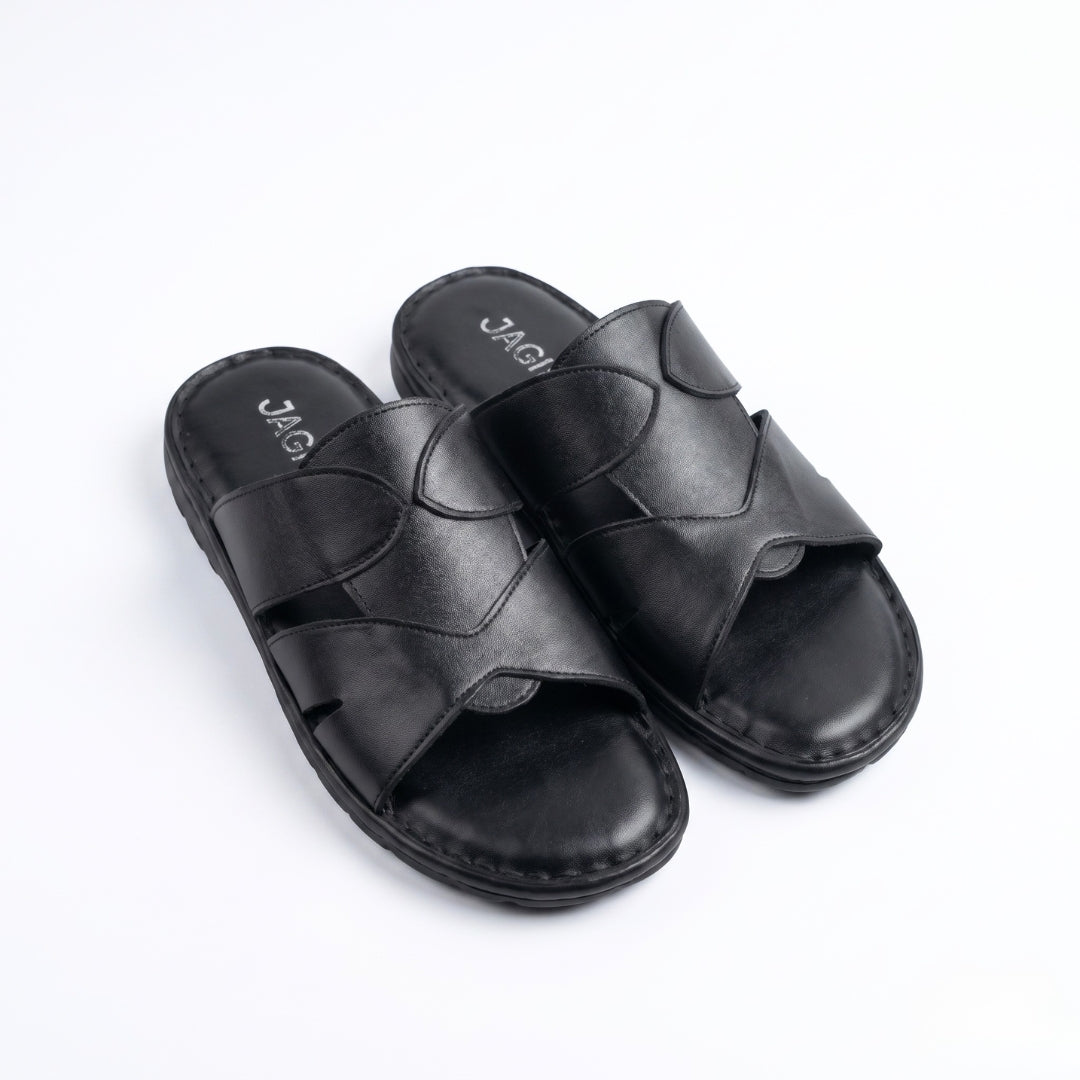 Cross Strap Leather Slide - Black