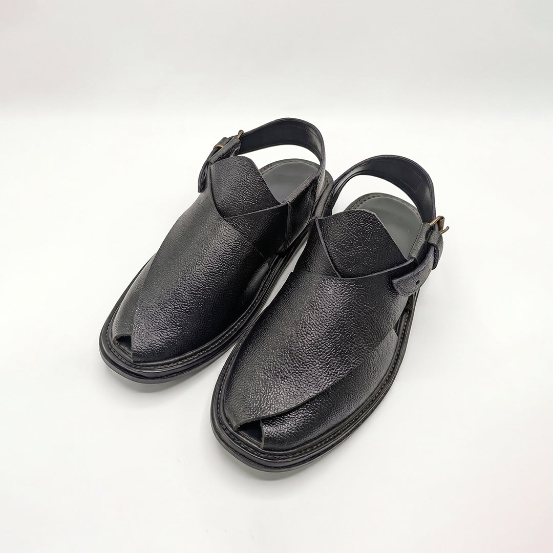 Black Leather Textured Peshawari Sandal