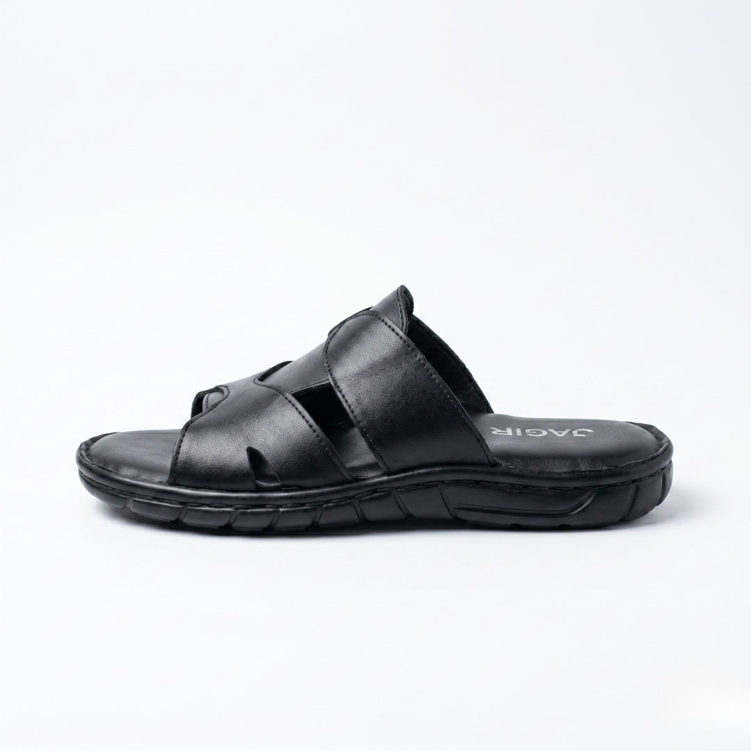 Cross Strap Leather Slide - Black