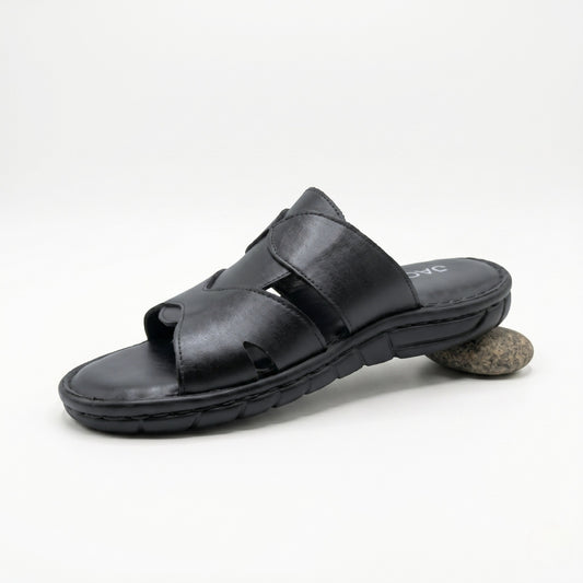 Cross Strap Leather Slide - Black