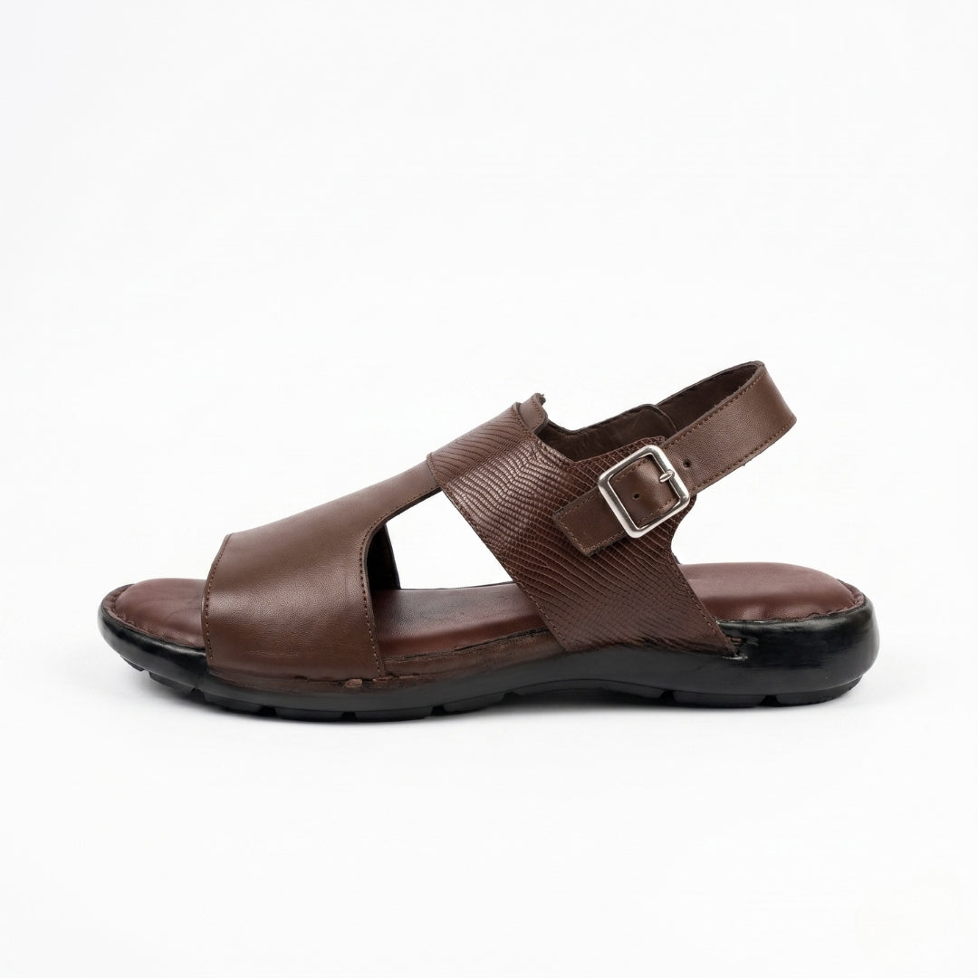 Embossed Leather Buckle Sandal - Brown