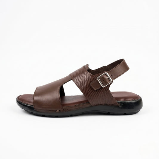 Embossed Leather Buckle Sandal - Brown