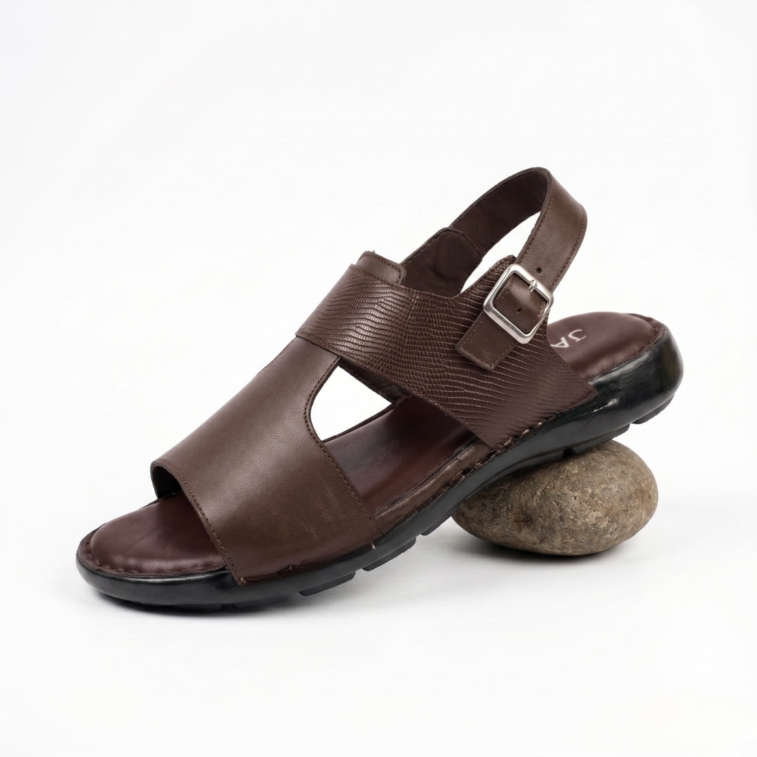 Embossed Leather Buckle Sandal - Brown