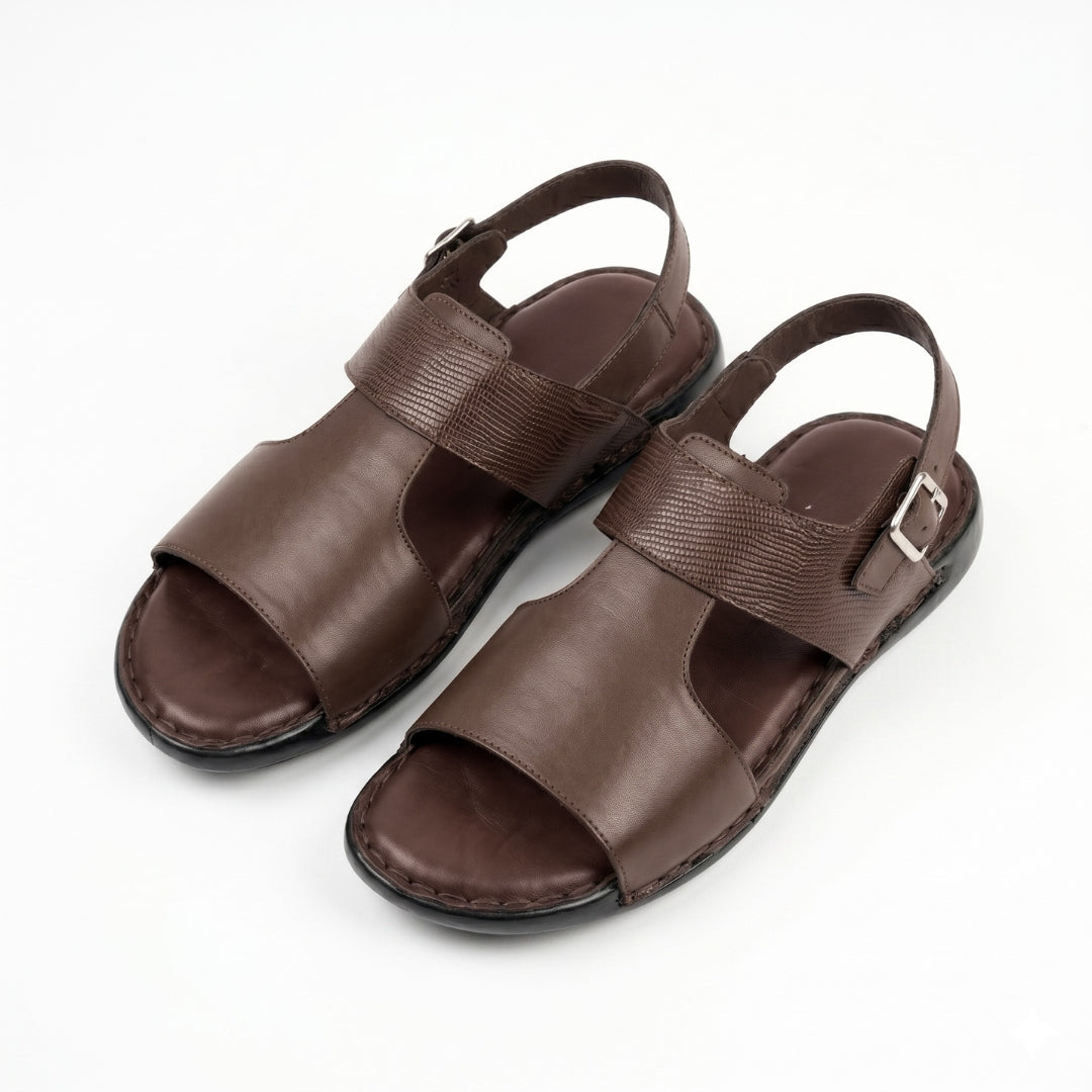 Embossed Leather Buckle Sandal - Brown