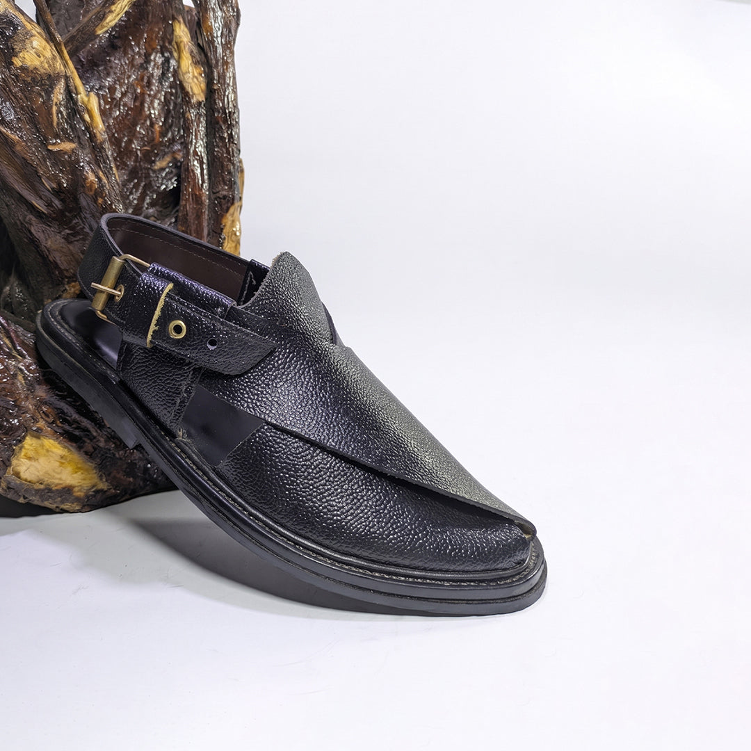Black Leather Textured Peshawari Sandal